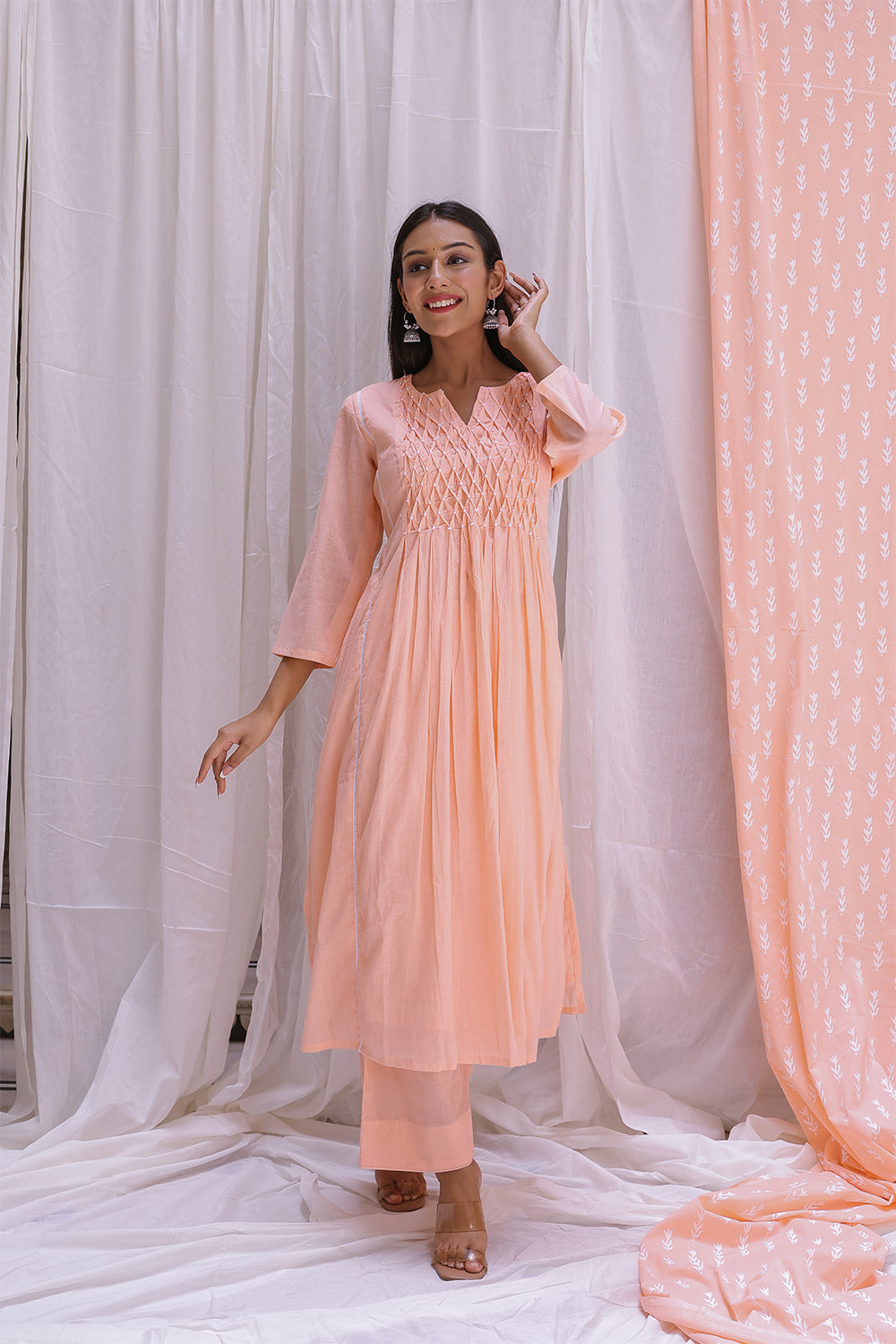 PEACH PINTUCK YOK KURTA SET OF-2