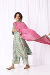 GREEN BASE CHANDERI HAND BLOCK PRINTED 'V' NECK KURTA SET OF -2