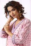 PINK BASE CHANDERI HAND BLOCK PRINTED 'V' NECK KURTA SET OF -2