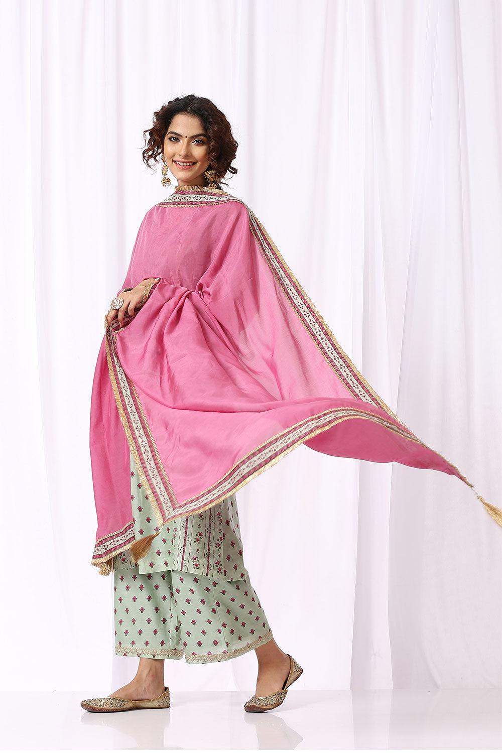 GREEN BASE CHANDERI HAND BLOCK PRINTED 'V' NECK KURTA SET OF -2