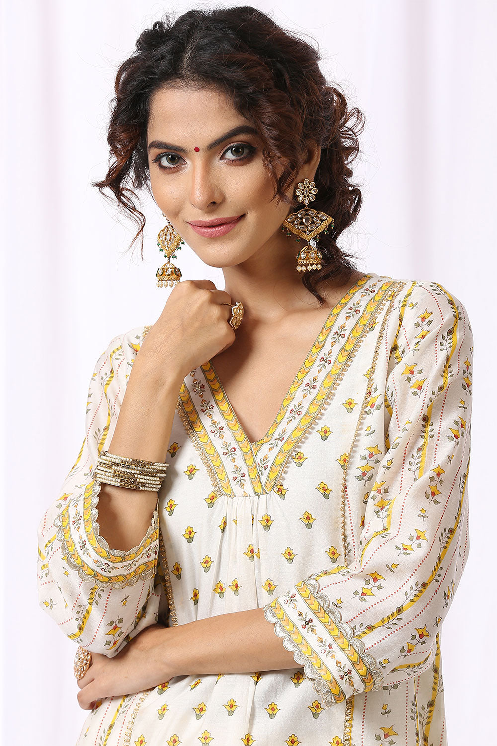 WHITE BASE CHANDERI HAND BLOCK PRINTED 'V' NECK KURTA SET OF -2