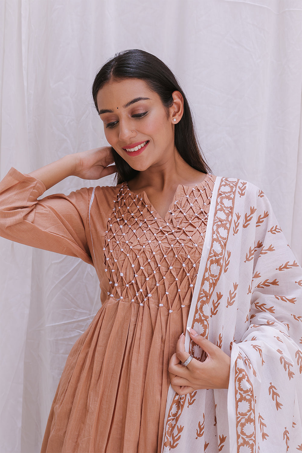 BEIGE PINTUCK YOK KURTA SET OF-2
