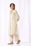 WHITE BASE CHANDERI HAND BLOCK PRINTED 'V' NECK KURTA SET OF -2