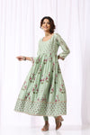 GREEN BASE CHANDERI HAND BLOCK PRINTED ANARKALI SUIT SET OF -2