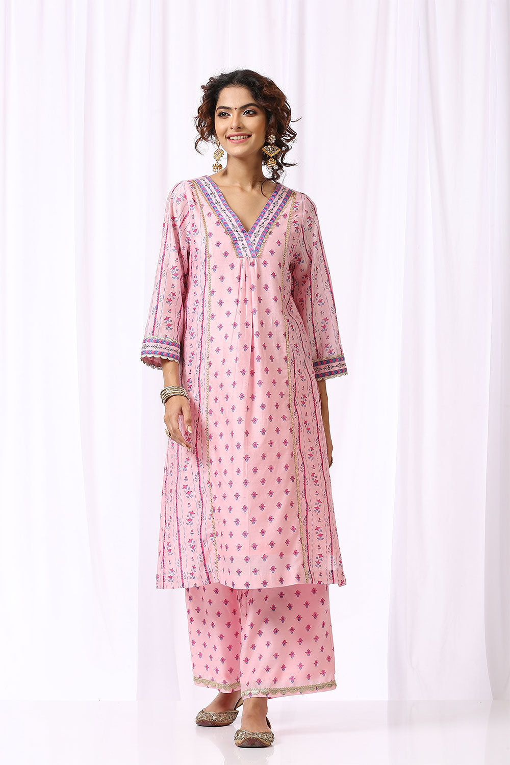 PINK BASE CHANDERI HAND BLOCK PRINTED 'V' NECK KURTA SET OF -2