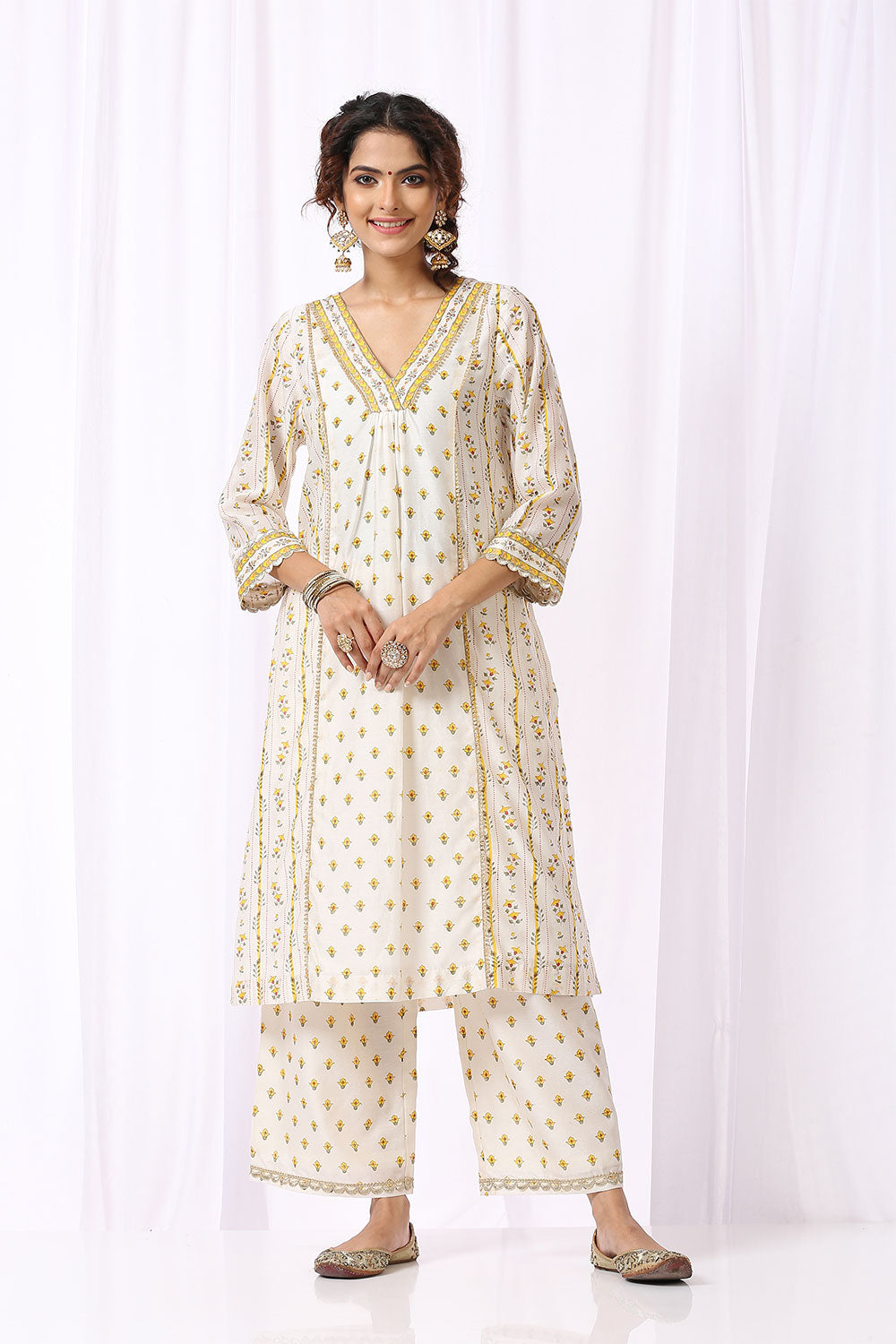 WHITE BASE CHANDERI HAND BLOCK PRINTED 'V' NECK KURTA SET OF -2