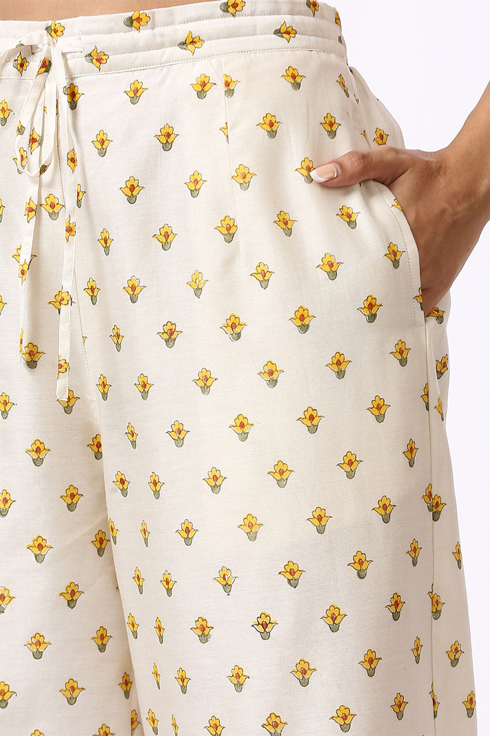 WHITE BASE CHANDERI HAND BLOCK PRINTED 'V' NECK KURTA SET OF -2