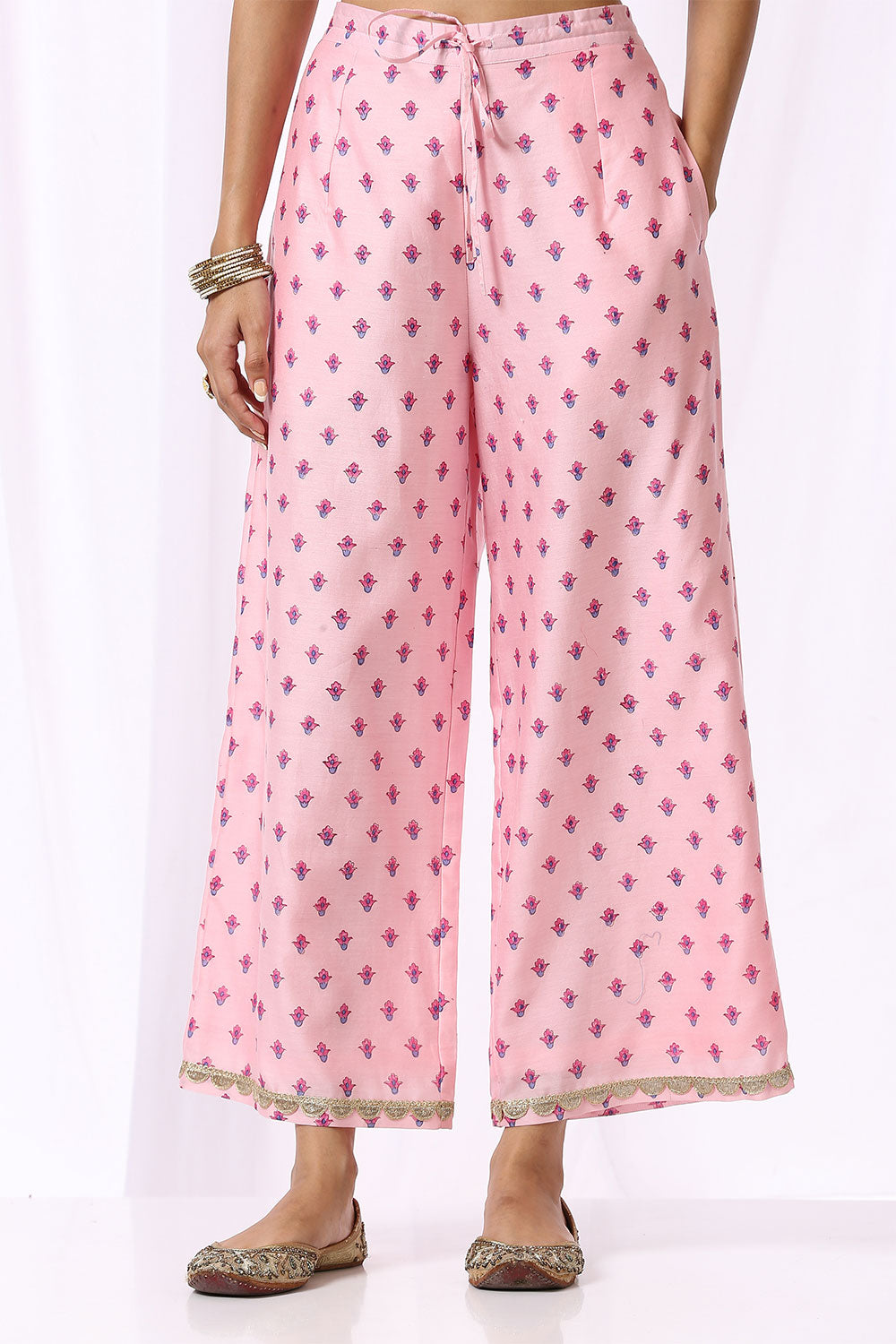 PINK BASE CHANDERI HAND BLOCK PRINTED 'V' NECK KURTA SET OF -2