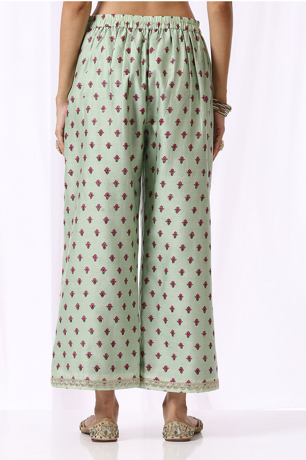 GREEN BASE CHANDERI HAND BLOCK PRINTED 'V' NECK KURTA SET OF -2