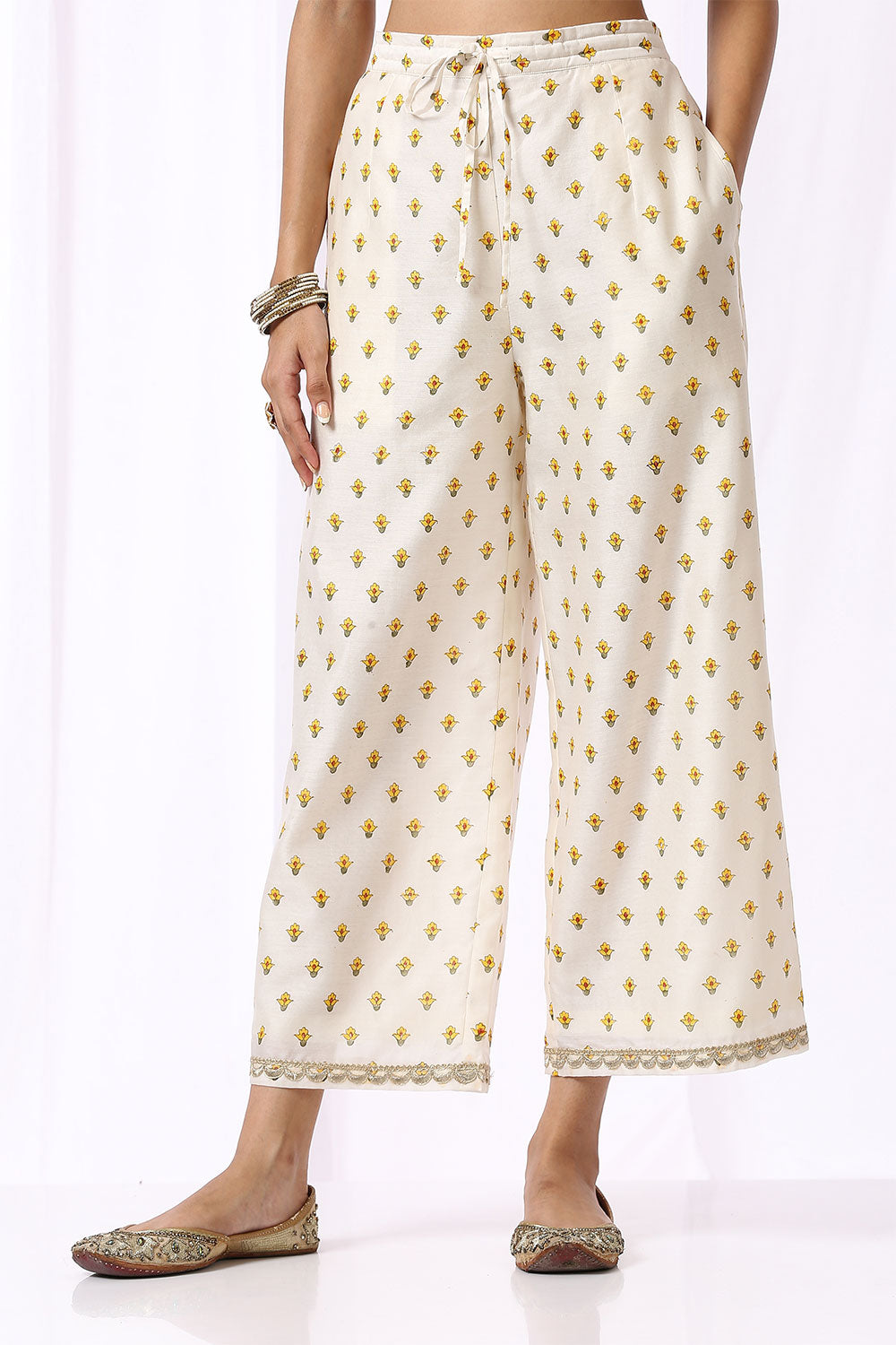 WHITE BASE CHANDERI HAND BLOCK PRINTED 'V' NECK KURTA SET OF -2