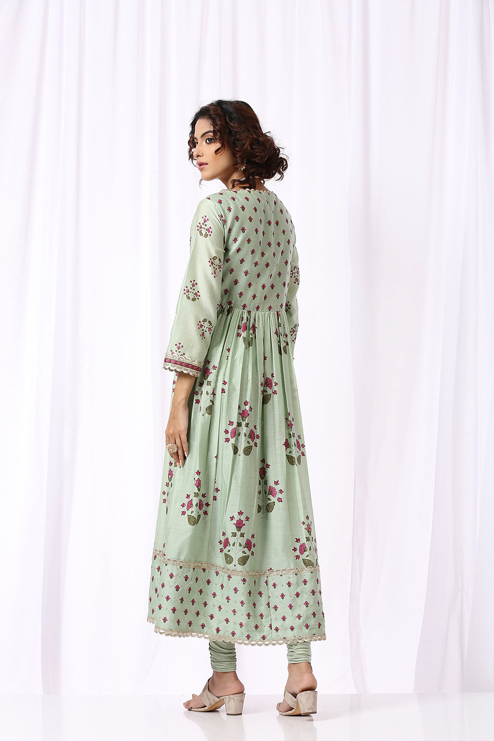 GREEN BASE CHANDERI HAND BLOCK PRINTED ANARKALI SUIT SET OF -2