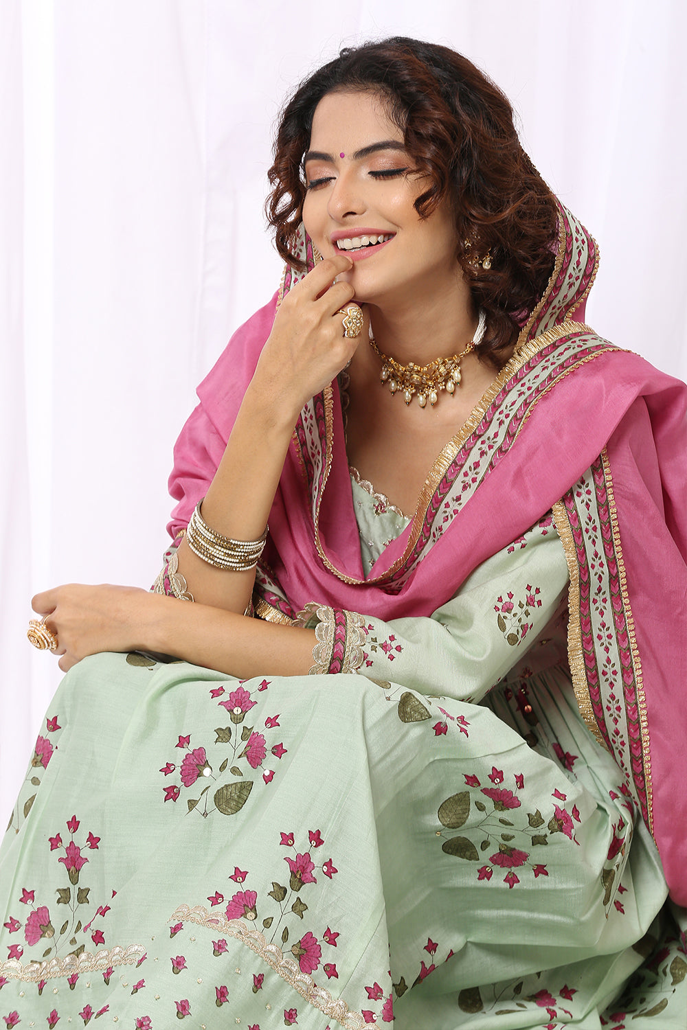 GREEN BASE CHANDERI HAND BLOCK PRINTED ANARKALI SUIT SET OF -2