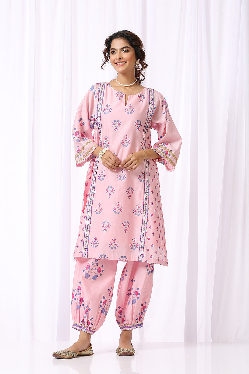PINK BASE CHANDERI HAND BLOCK PRINTED CHOGA SET OF-2