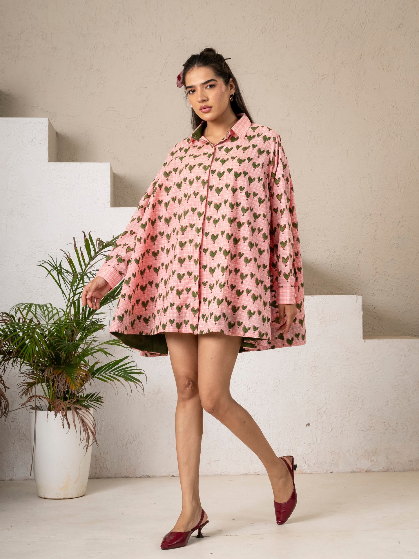 Hand Block Printed Green Hearts Flaired Shirt Top/ Dress