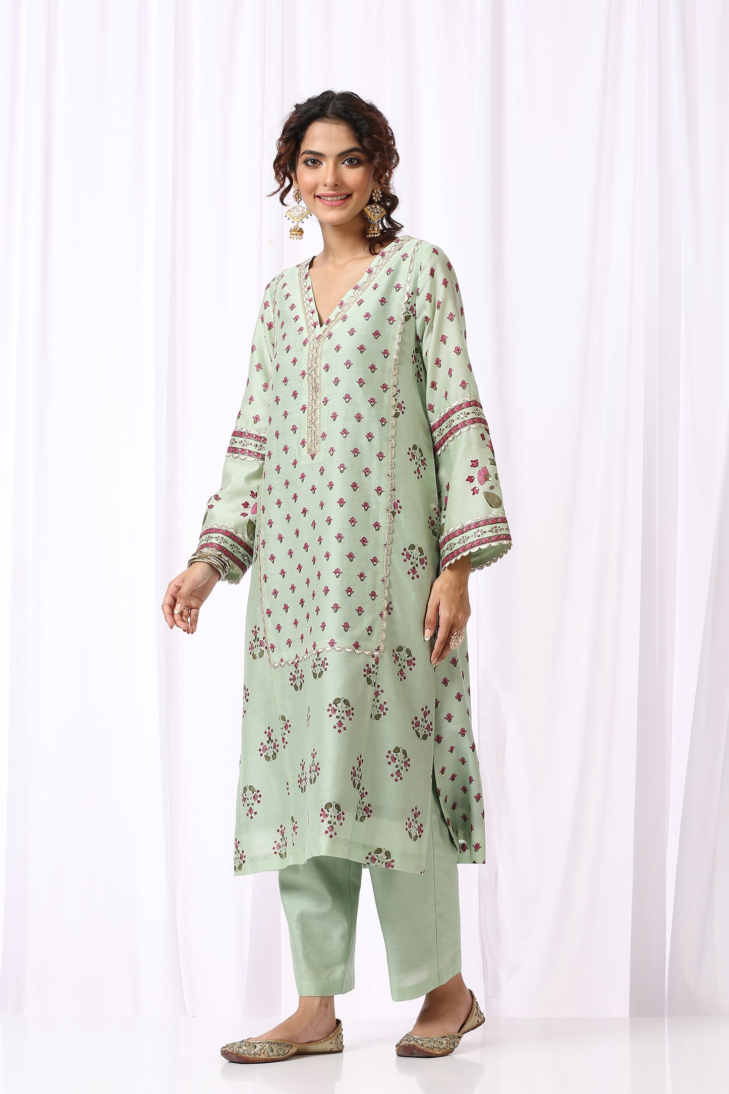 GREEN BASE CHANDERI HAND BLOCK PRINTED KURTA SET OF-2