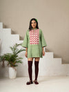 Hand Block Printed Green Striped Cotton Short Dress