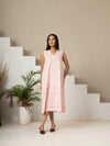 Hand Block Printed Blush Check A-Line Cotton Dress