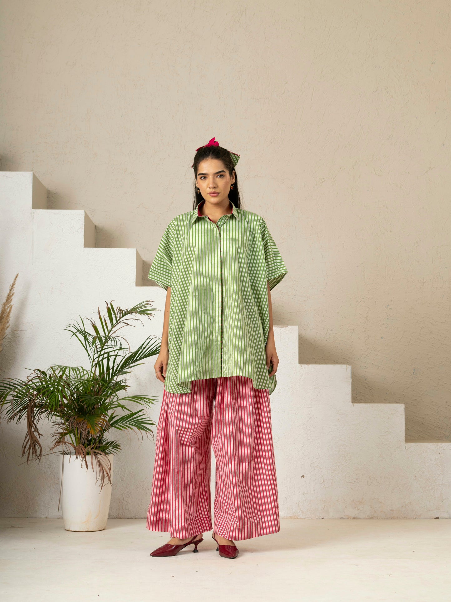 Hand Block Printed Red Stripe Wide-Leg Pants