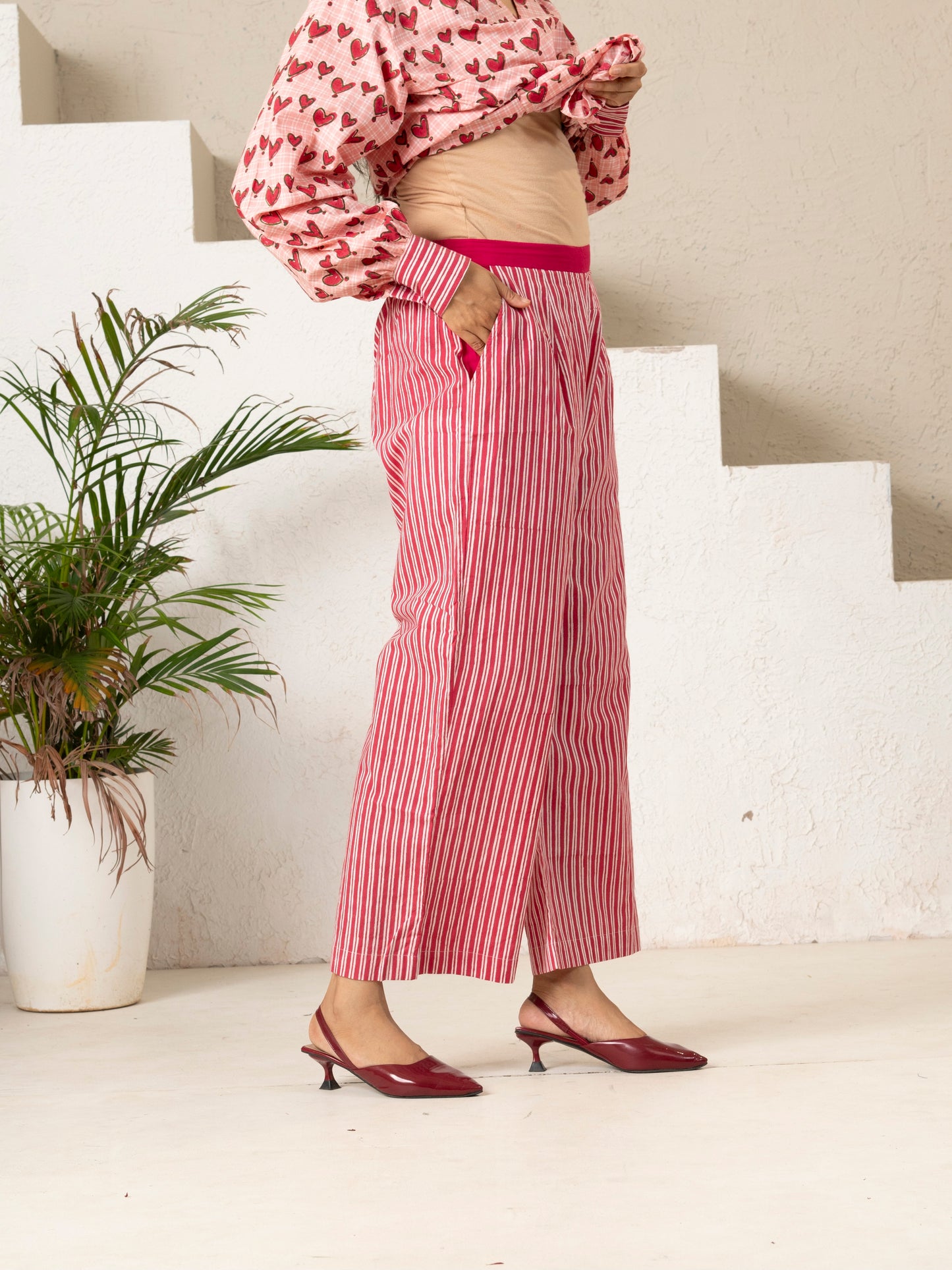 Hand Block Printed Pink Stripe Pants