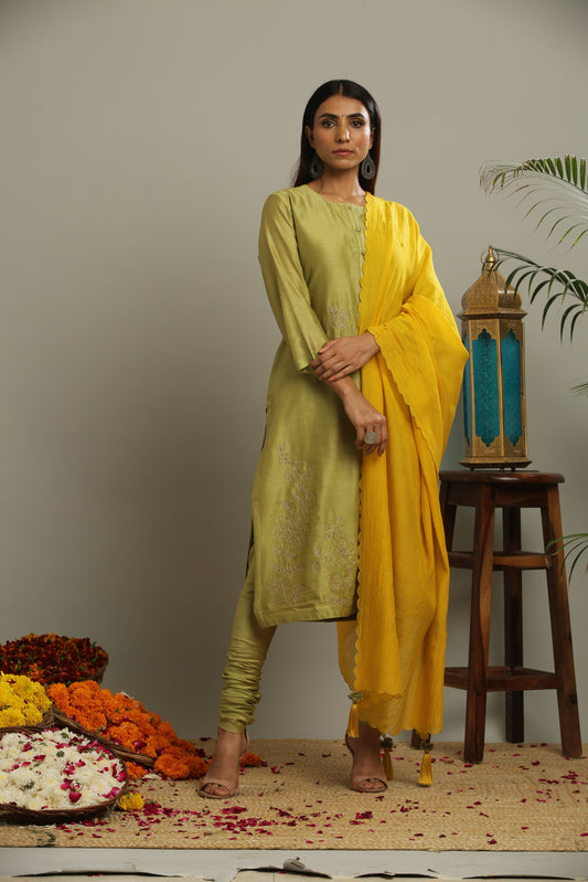 PISTA GREEN CHANDERI KURTA SET OF-3