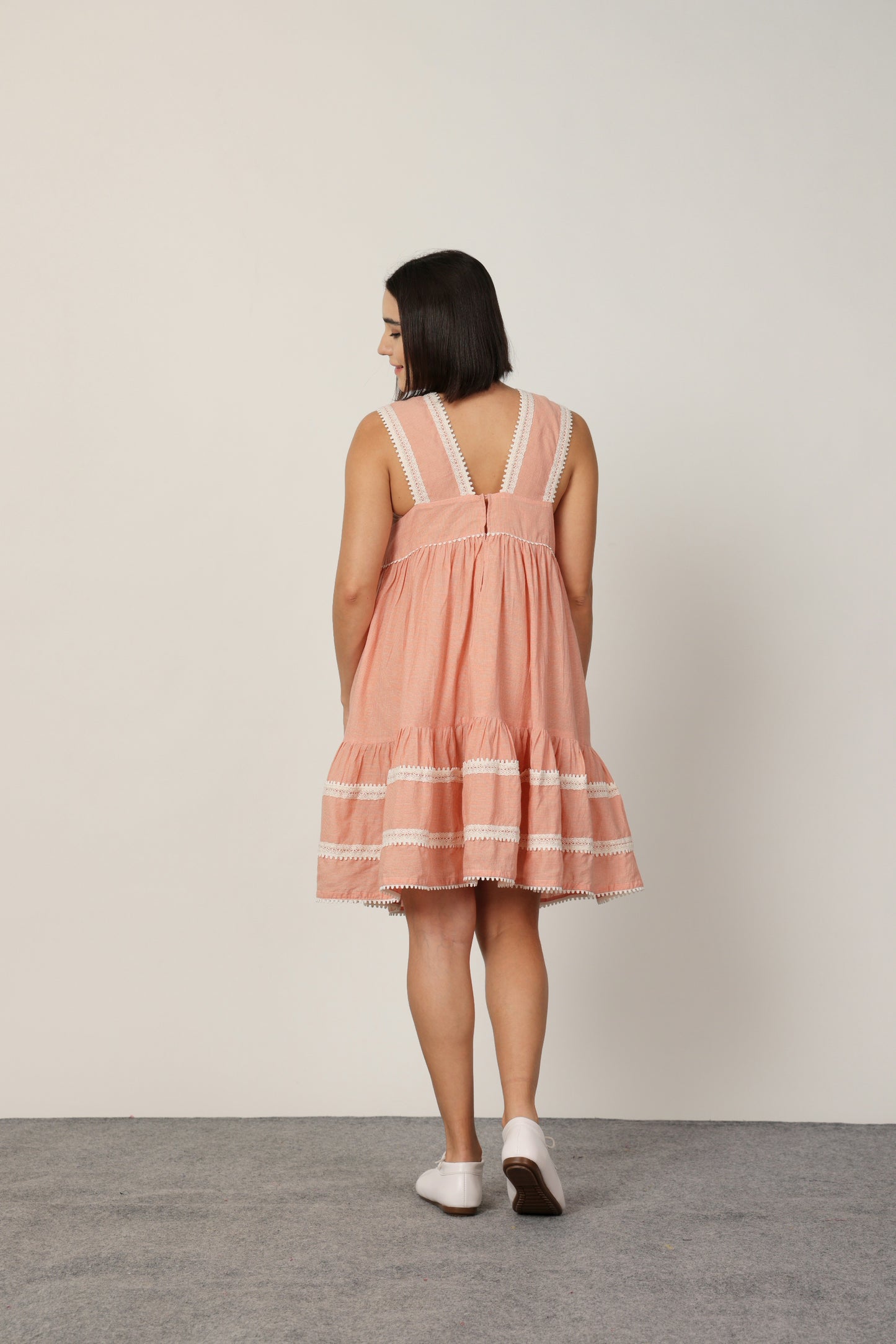 PEACH CHECKED LACE DETAILING SHORT DRESS