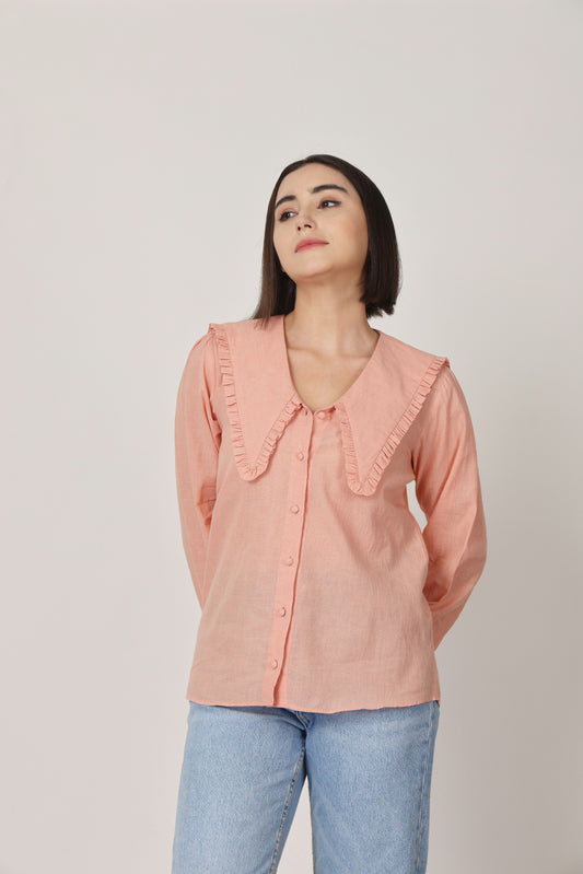 PEACH CHECKED RUFFLE COLLAR DETAILING TOP