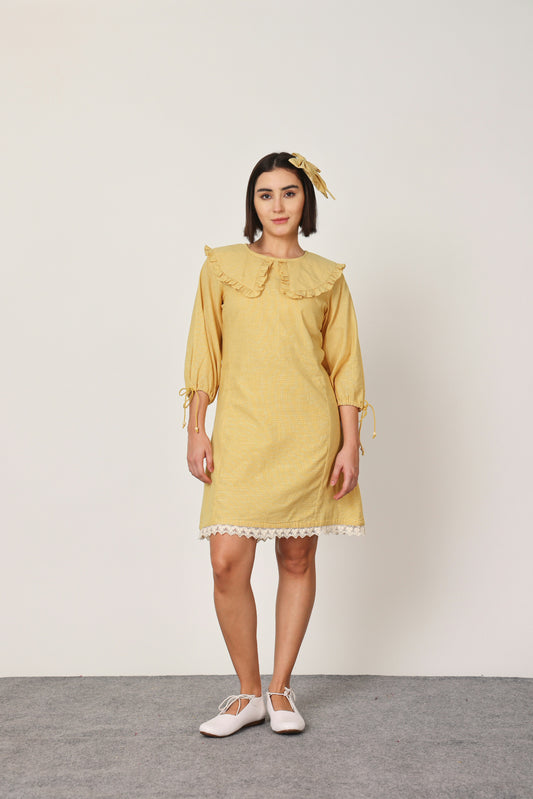 YELLOW RUFFLE COLLAR DETAILED SHORT DRESS