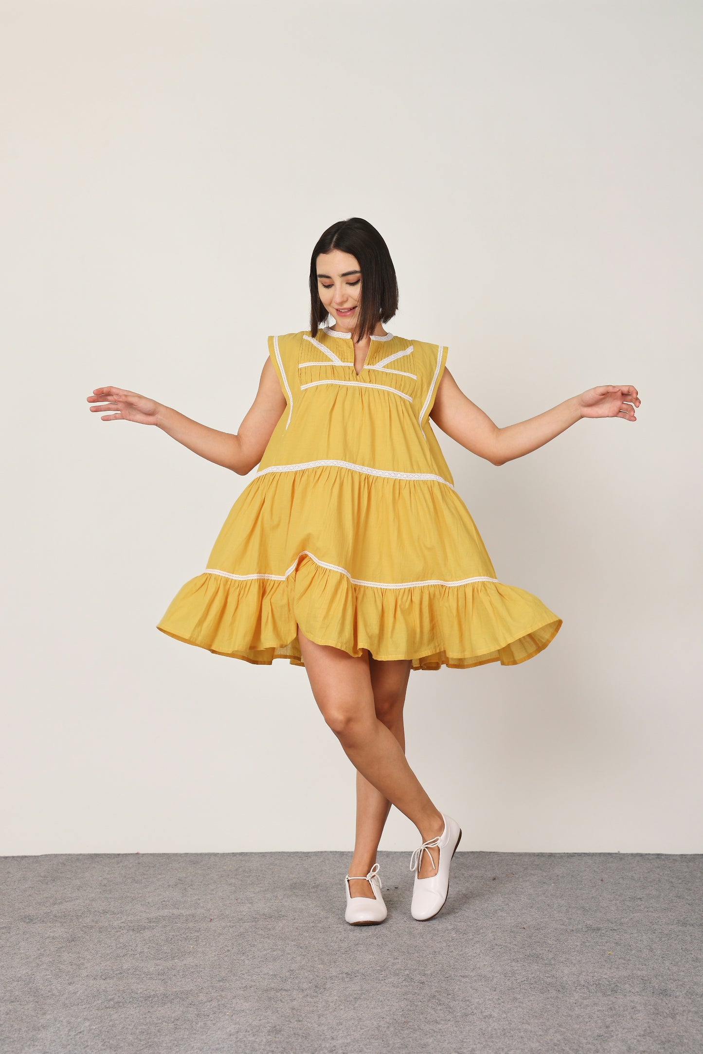 Yellow Solid Tiered Short Dress