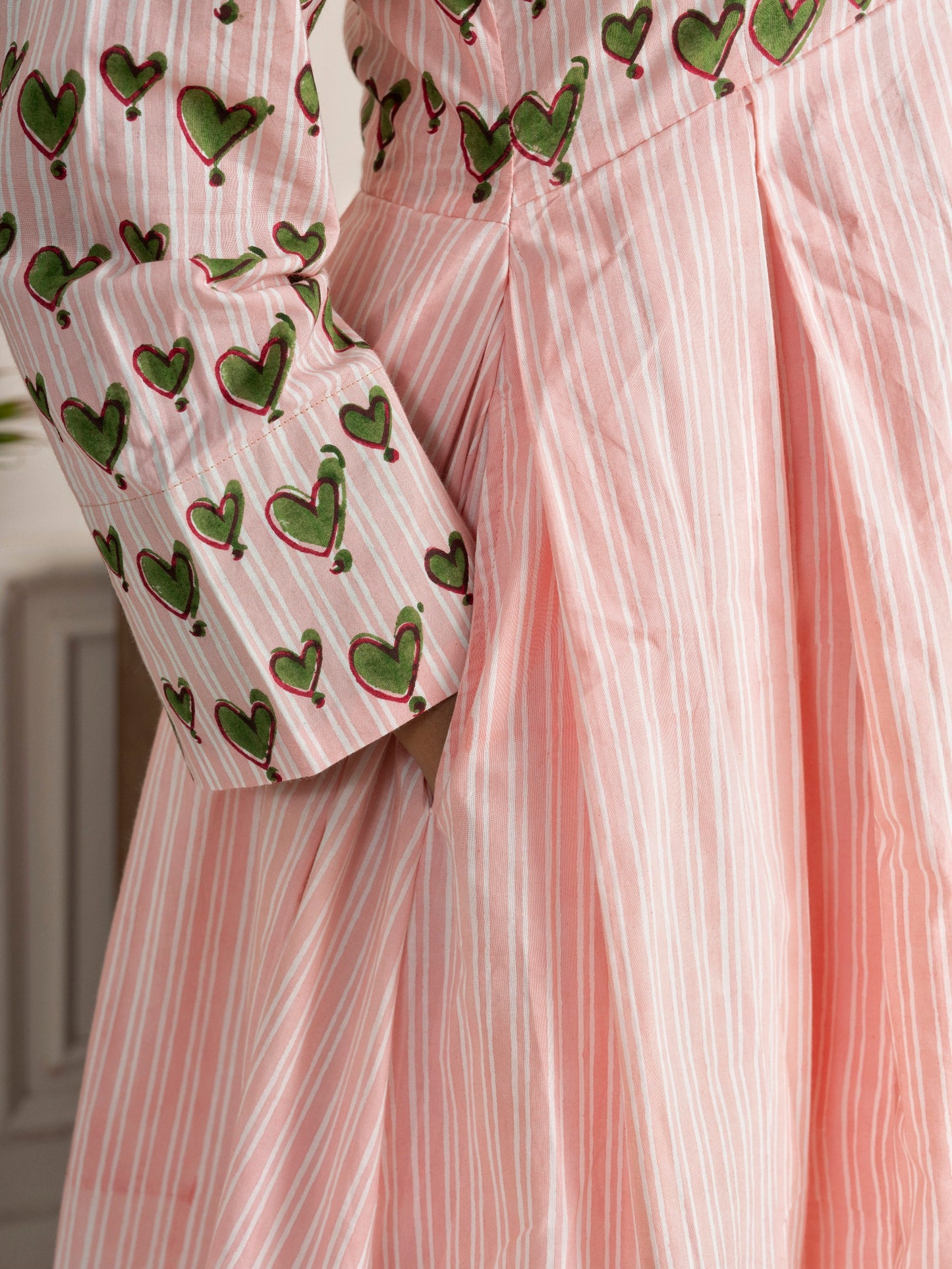 Block Printed Green Hearts Box Pleated Dress