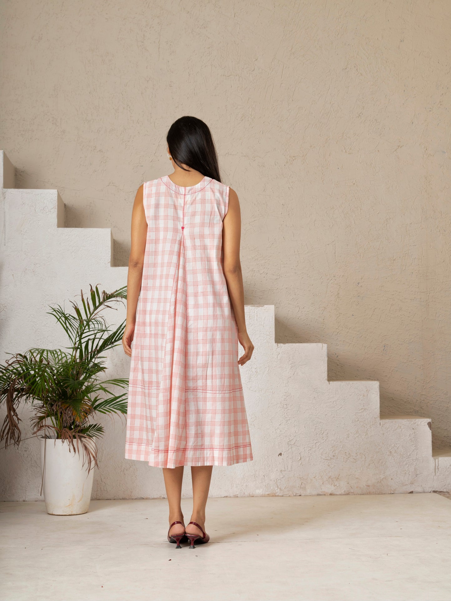 Hand Block Printed Blush Check A-Line Cotton Dress