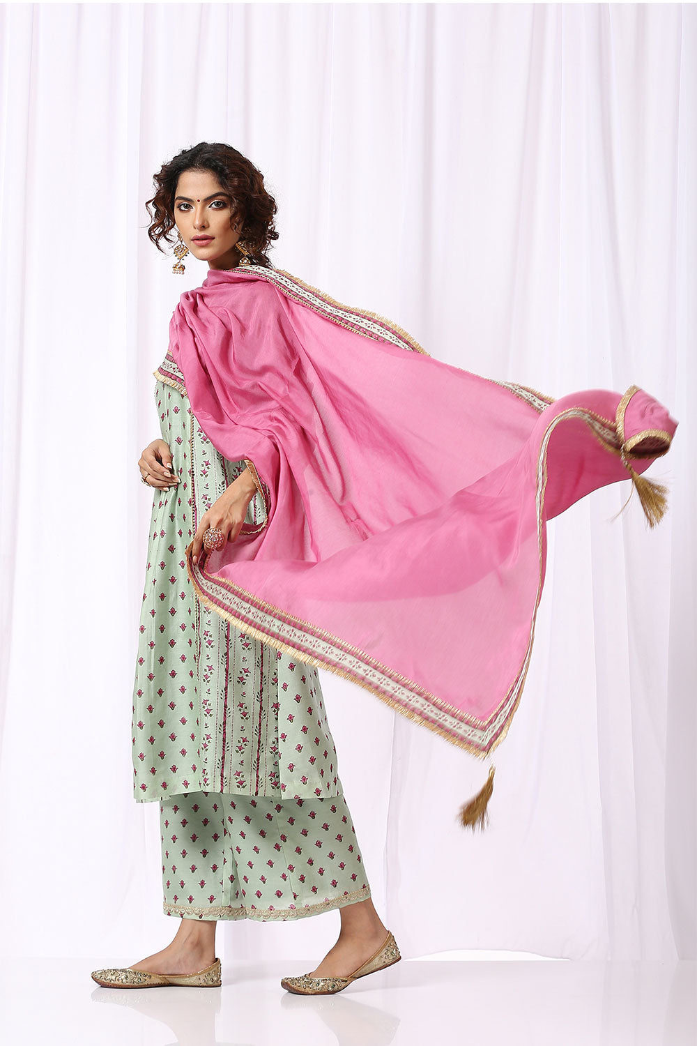 GREEN BASE CHANDERI HAND BLOCK PRINTED 'V' NECK KURTA SET OF -2
