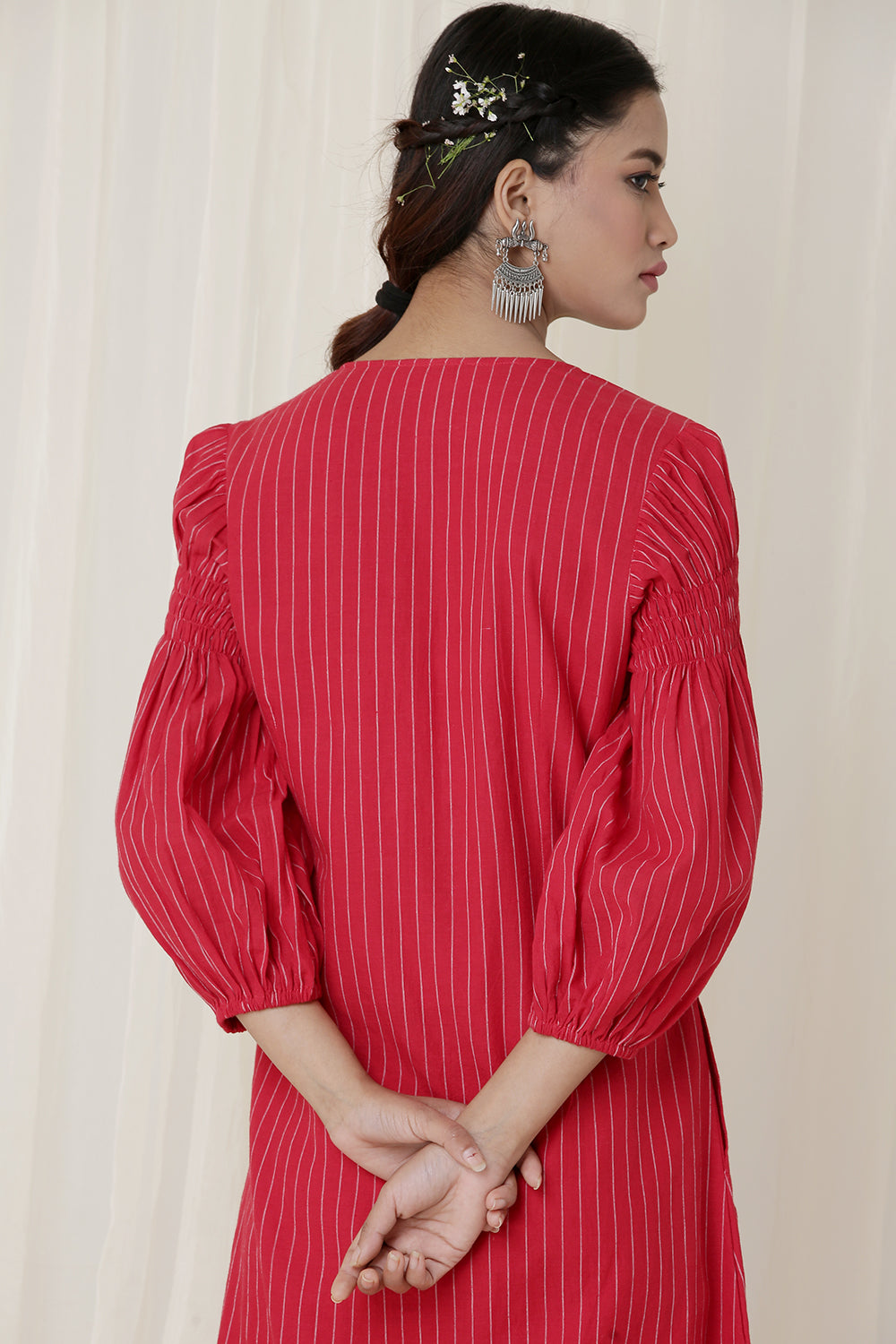 SMOCKED SLEEVE DRESS STRIP (RED)