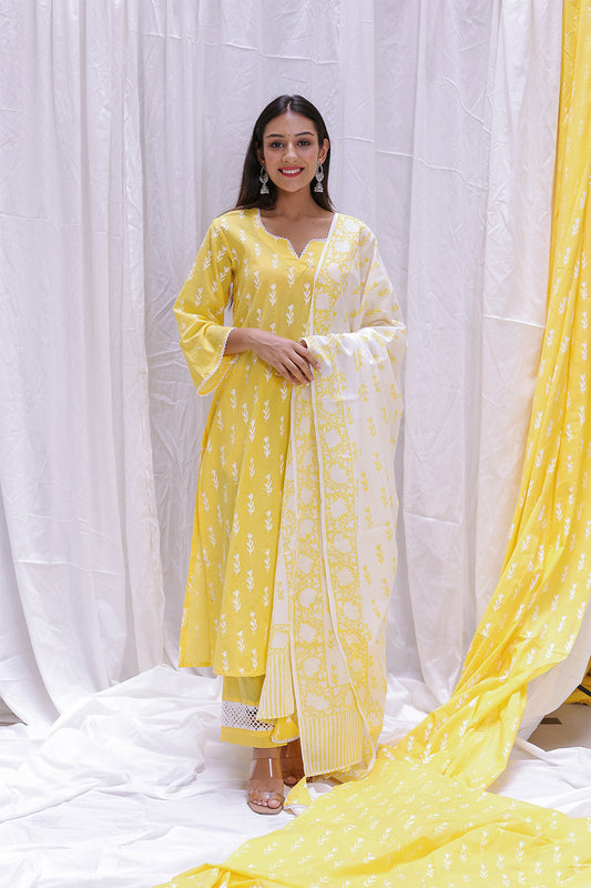 YELLOW  HAND BLOCK PRINTED DUPTTA