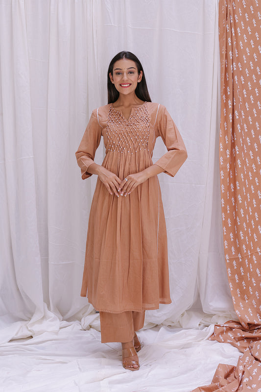 BEIGE PINTUCK YOK KURTA SET OF-2