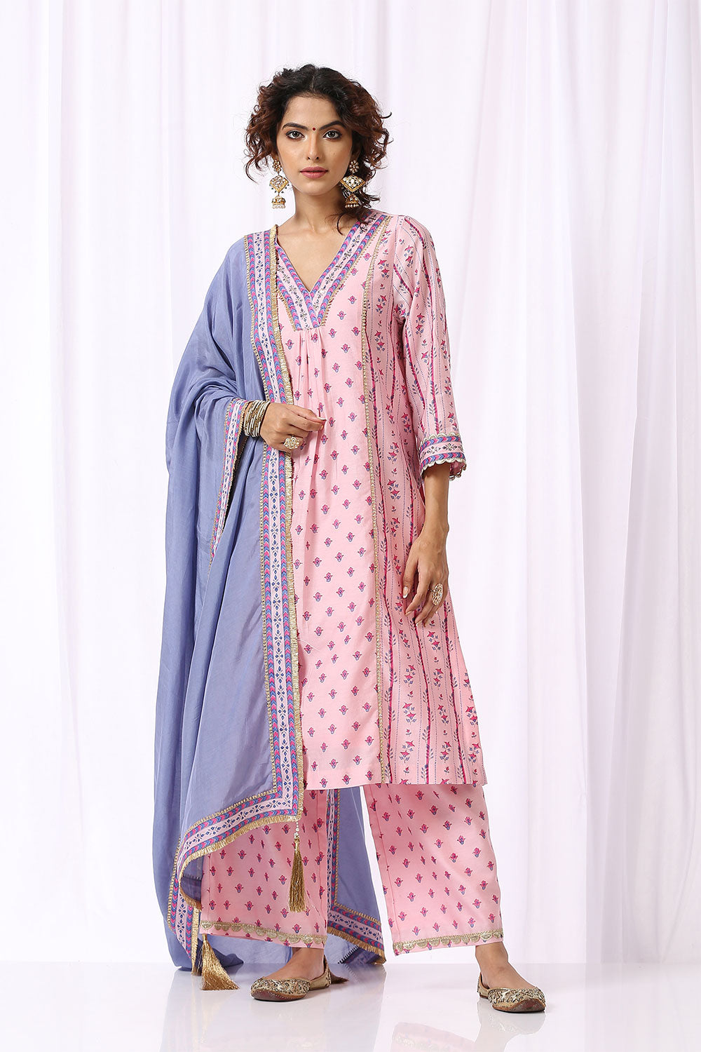 PINK BASE CHANDERI HAND BLOCK PRINTED 'V' NECK KURTA SET OF -2