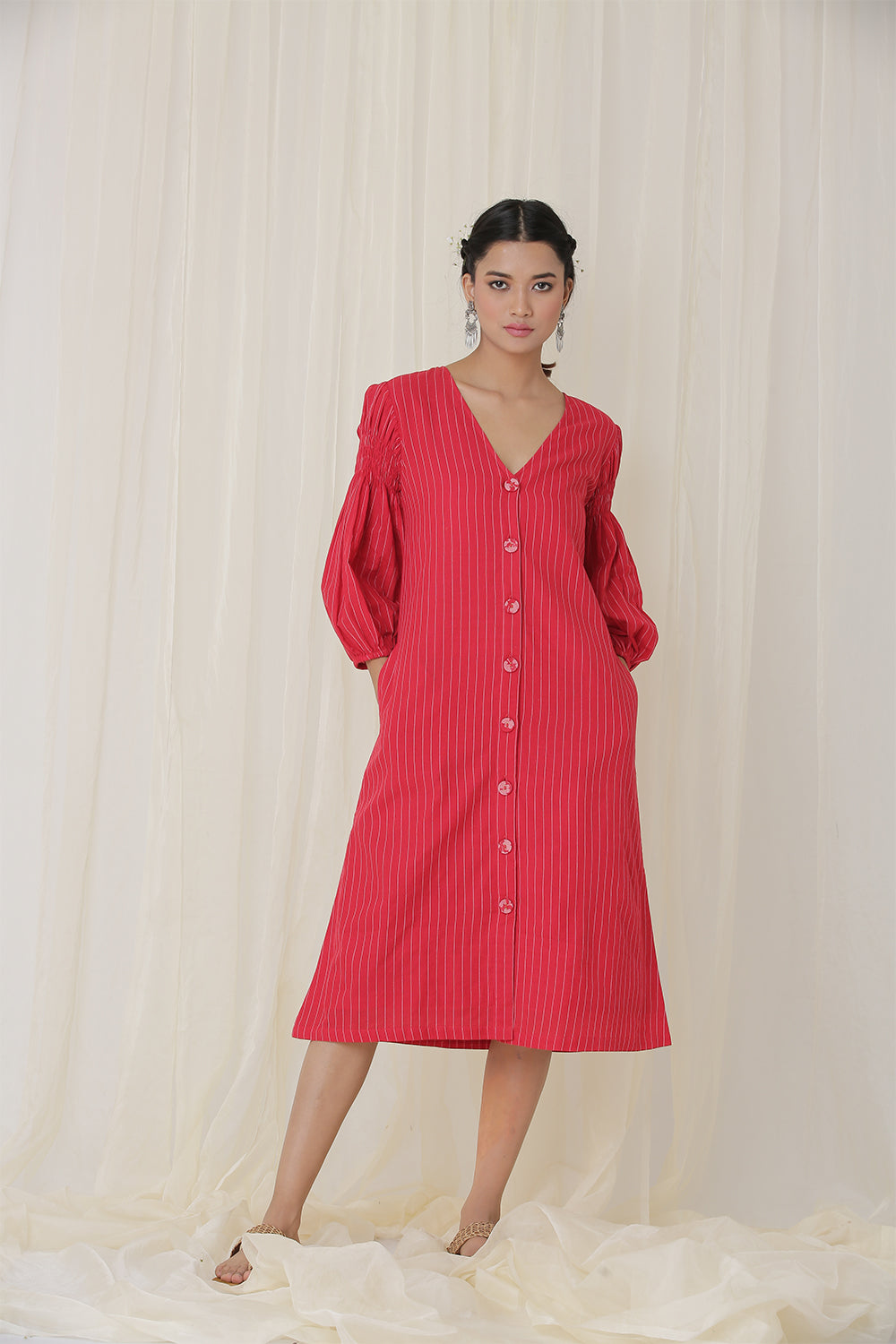 SMOCKED SLEEVE DRESS STRIP (RED)
