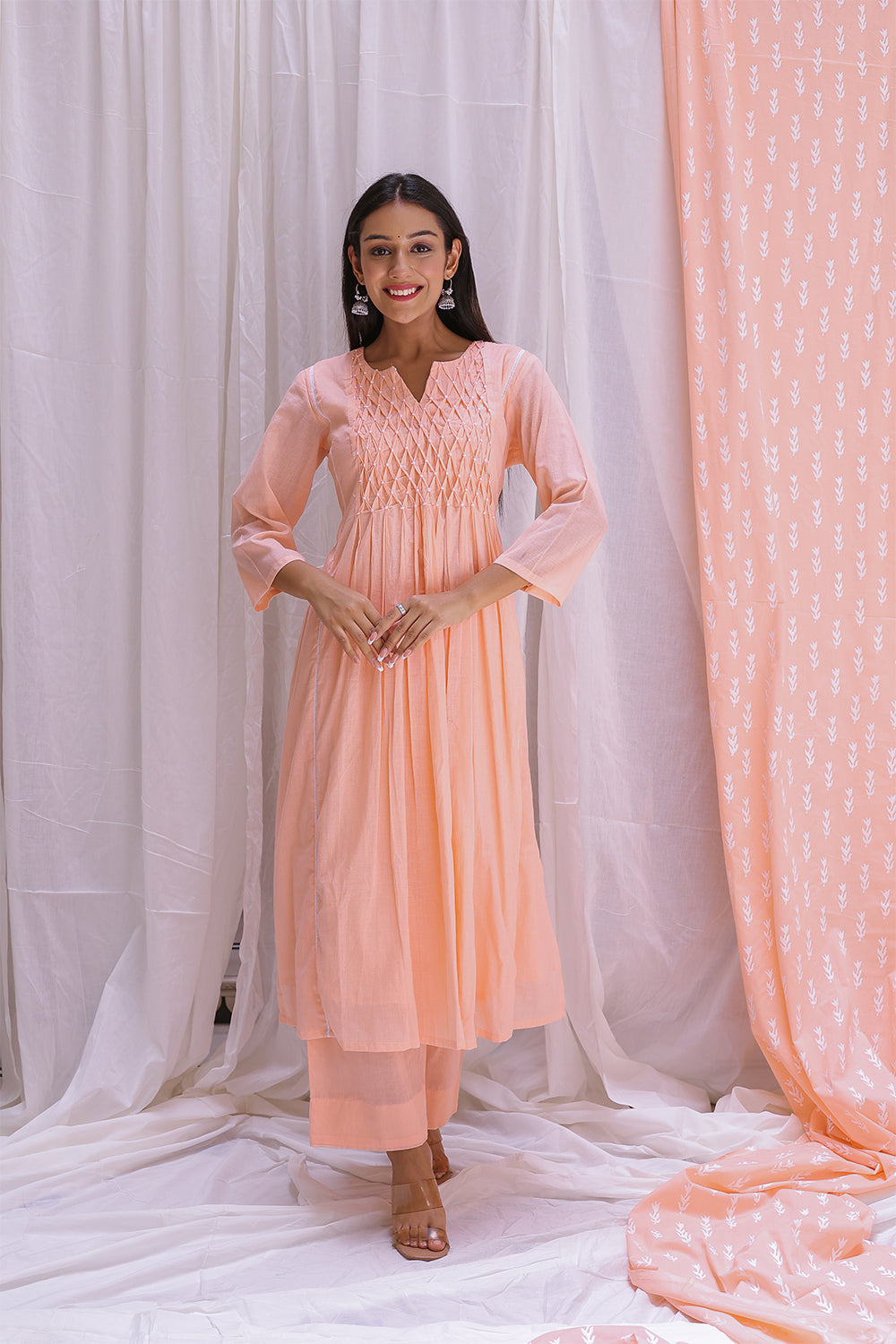 PEACH PINTUCK YOK KURTA SET OF-2