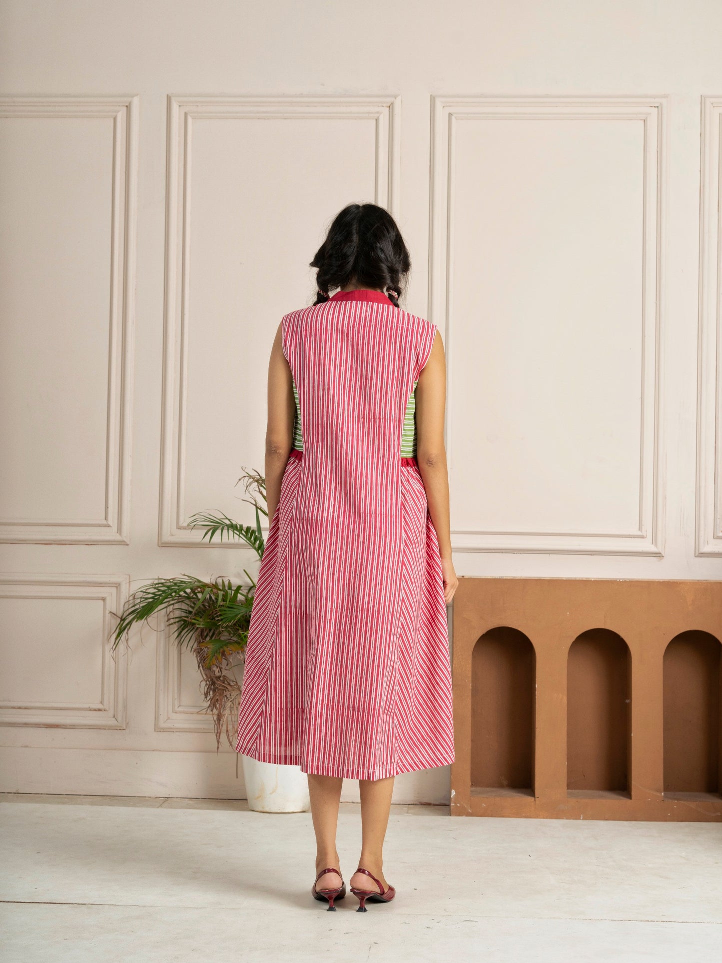 Hand Block-printed Pink & Green Stripes Panelled Dress