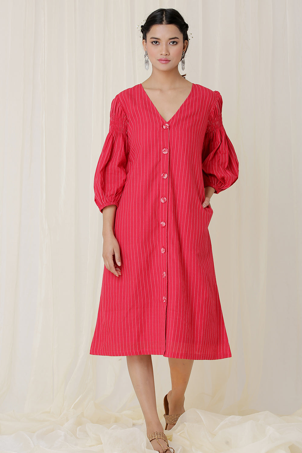 SMOCKED SLEEVE DRESS STRIP (RED)