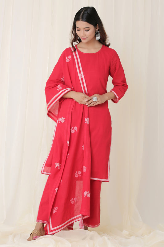 PLAIN KURTI WITH BORDER SET  OF-2 (RED)