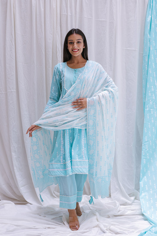 LIGHT BLUE  SHORT ANARKALI KURTA SET OF-2