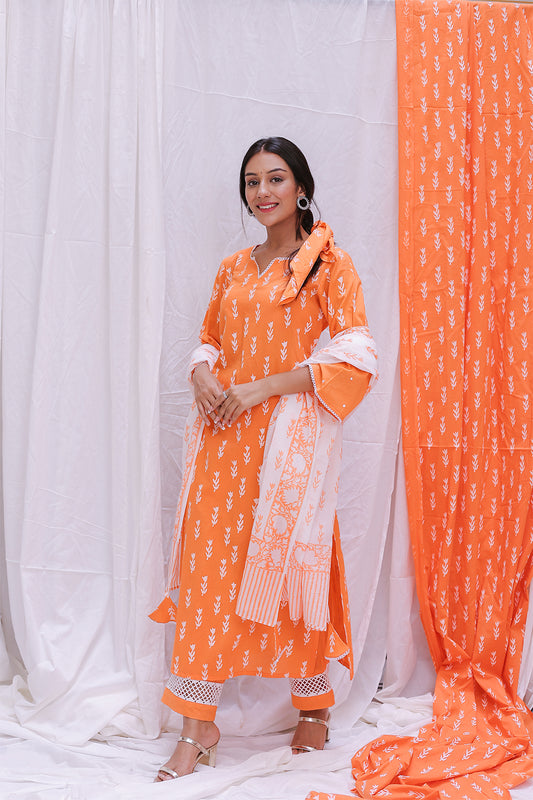 ORANGE  HAND BLOCK PRINTED DUPTTA