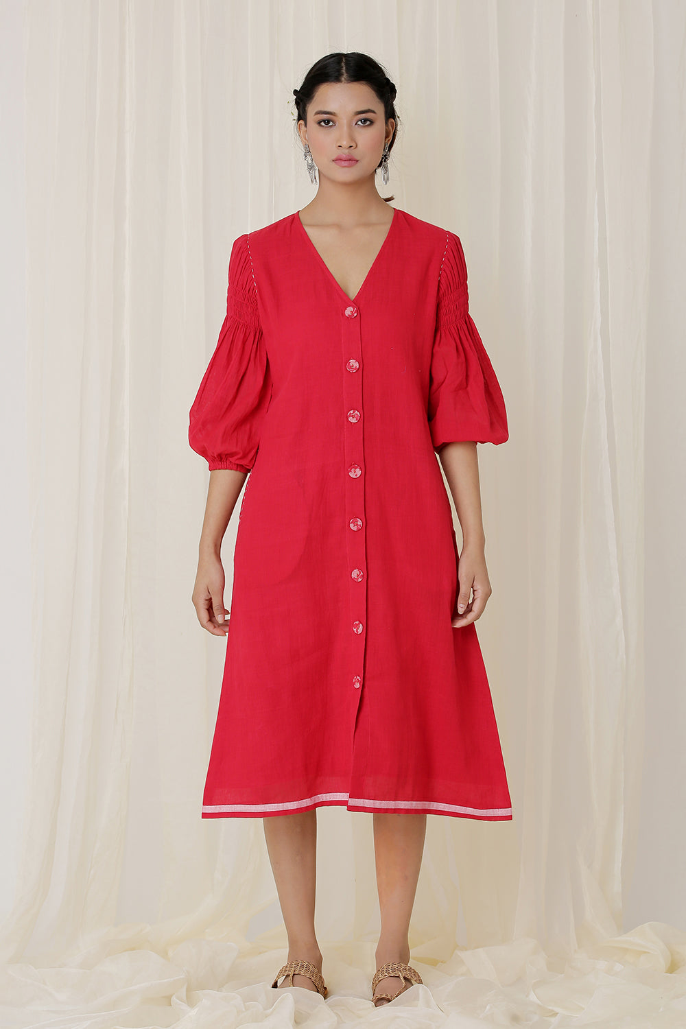 SMOCKED SLEEVE DRESS PLAIN (RED)
