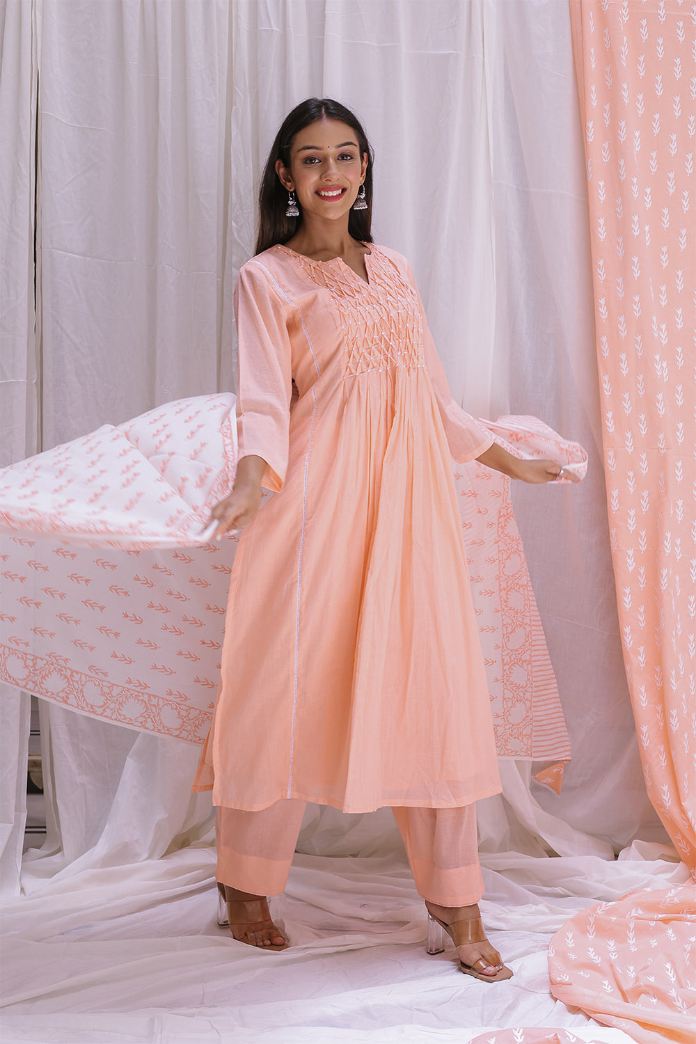 PEACH PINTUCK YOK KURTA SET OF-2