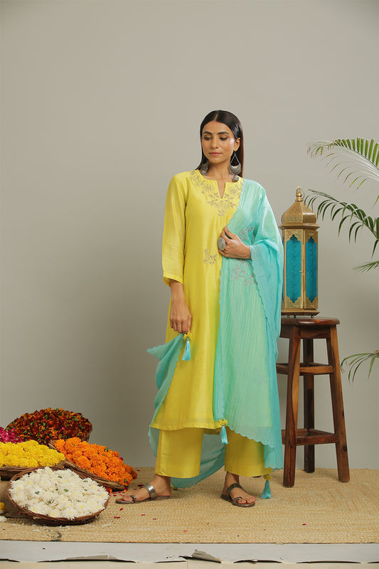 LEMON GREEN CHANDERI  KURTA SET OF-3