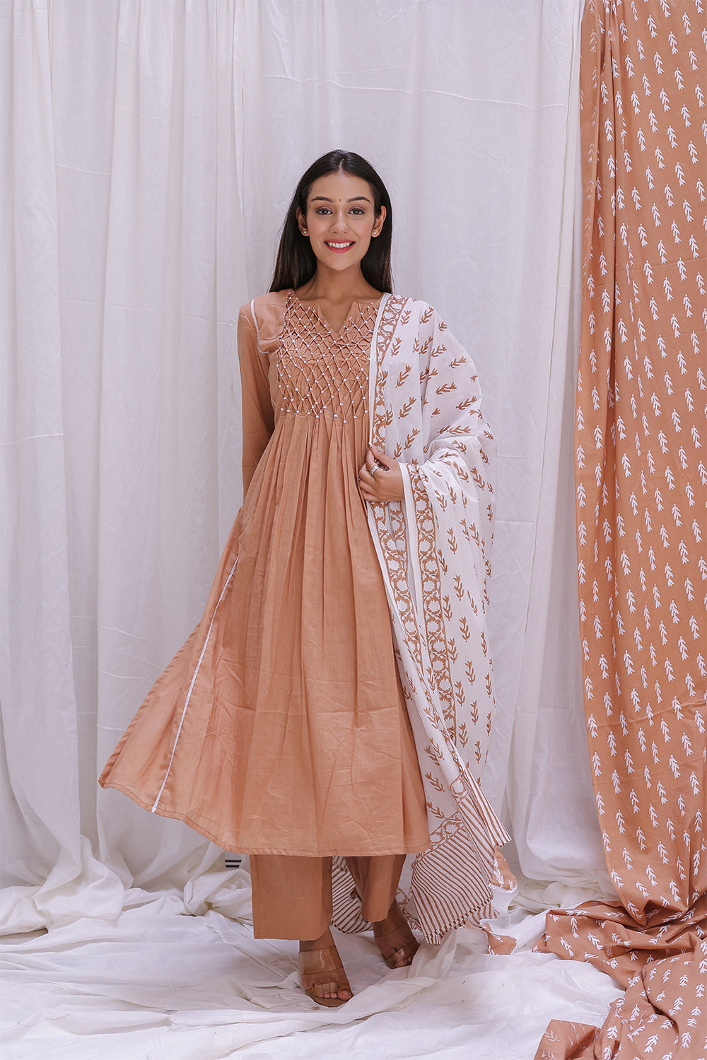 BEIGE PINTUCK YOK KURTA SET OF-2
