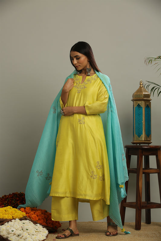 LEMON GREEN CHANDERI  KURTA SET OF-3