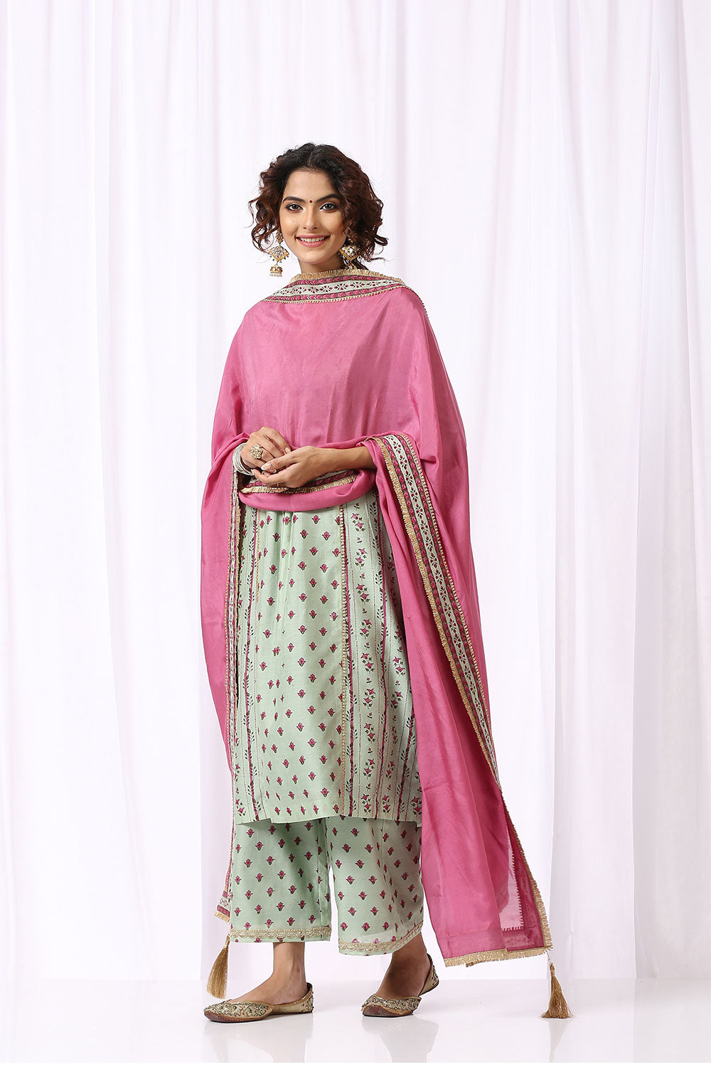 GREEN BASE CHANDERI HAND BLOCK PRINTED 'V' NECK KURTA SET OF -2