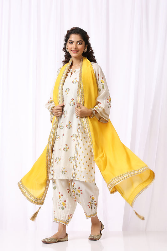WHITE BASE CHANDERI HAND BLOCK PRINTED CHOGA SET OF-2