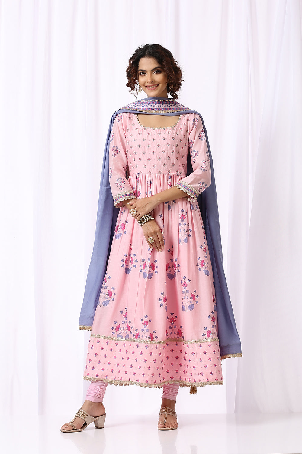 PINK BASE CHANDERI HAND BLOCK PRINTED ANARKALI SUIT SET OF -2